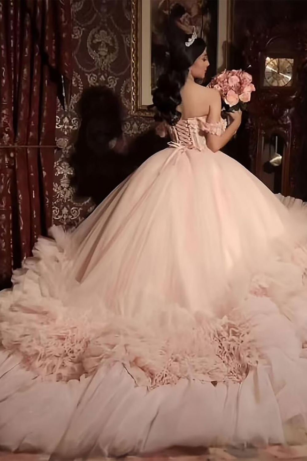 Pink Tulle Tiered Ball Gown Spaghetti Straps Applique Quinceanera Dress