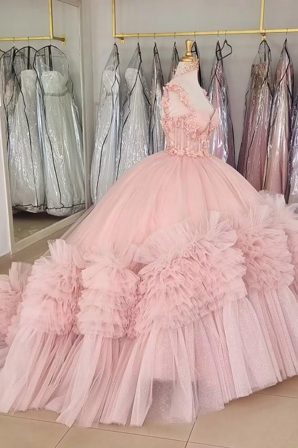 Pink Tulle Tiered Ball Gown Spaghetti Straps Applique Quinceanera Dress