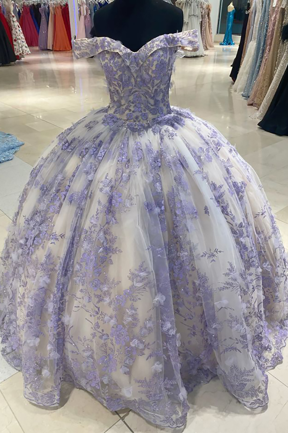 Lilac Off the Shoulder Ball Gown Quinceanera Dress with Appliques