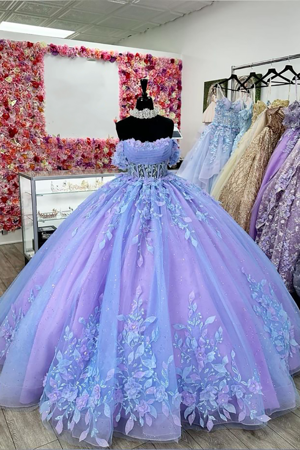 Glitter Blue Princess Off the Shoulder Organza Quinceanera Dress with Appliques