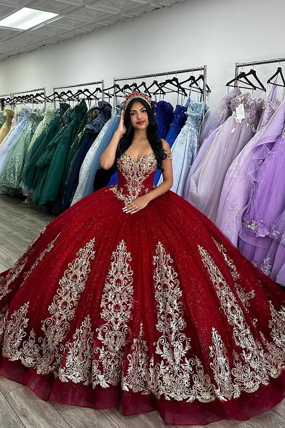 Sparkly Red Masquerade Ball Gown Quinceanera Dress with Gold Applique Tulle Off the Shoulder Sweet 15