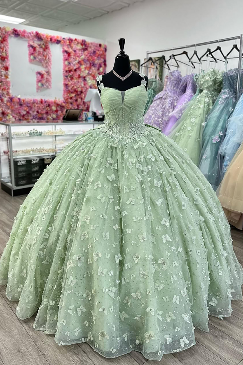 Sage Spaghetti Straps Princess Tulle Corset Quinceanera Dress with Applique 
