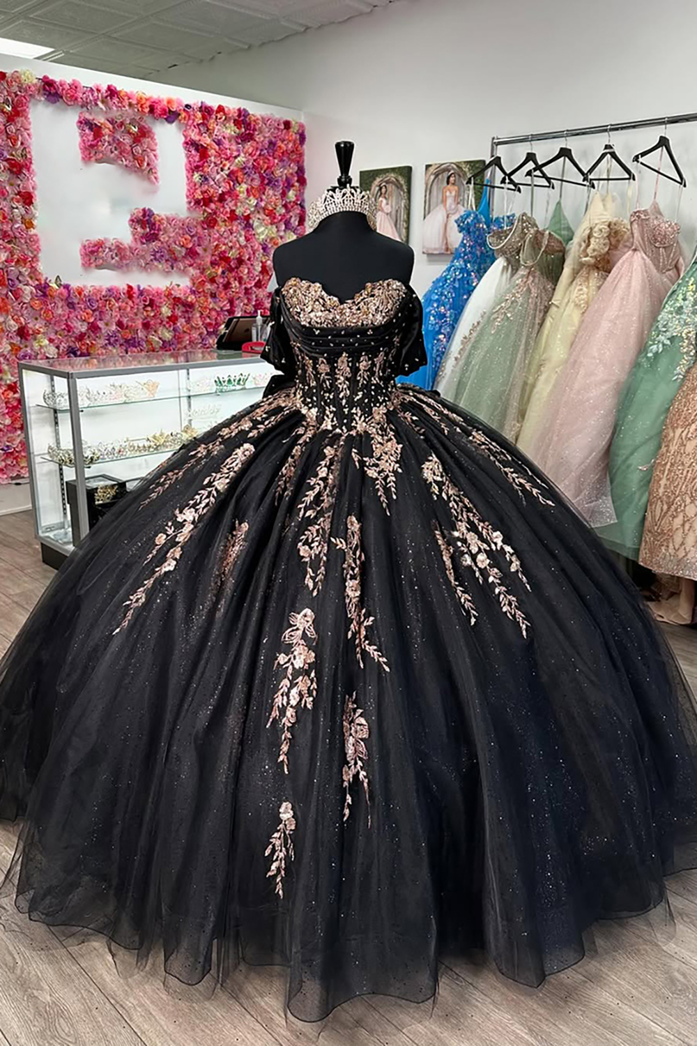 Black Ball Gown Off the Shoulder Sequins Quinceanera Dress with Appliques