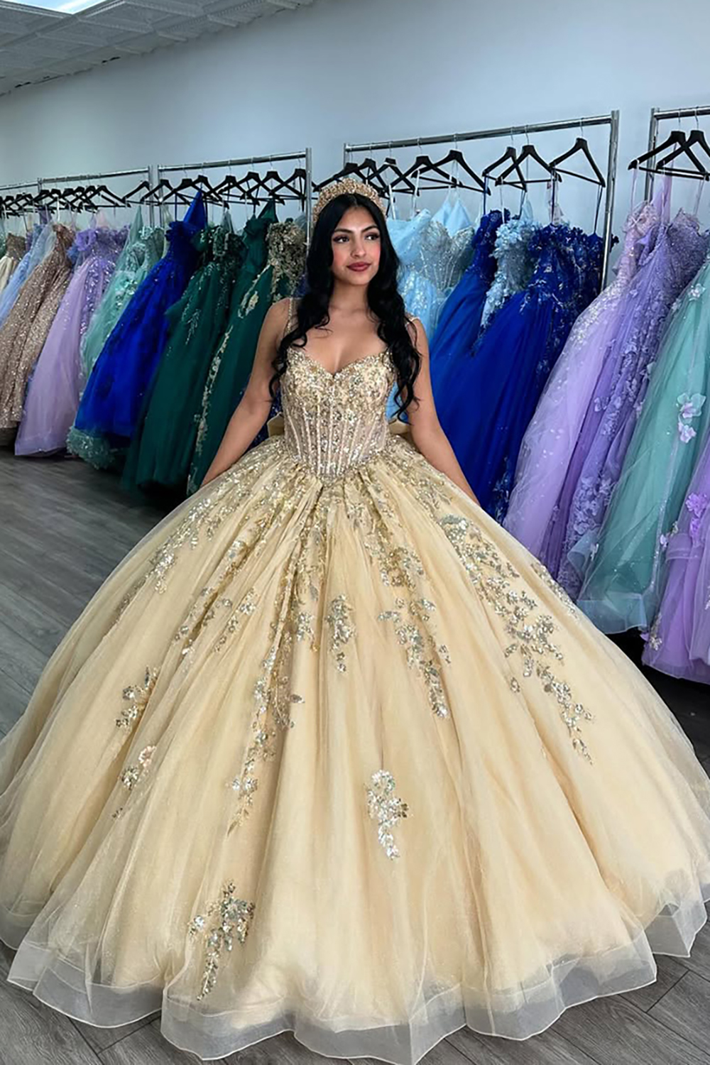 Golden Spaghetti Straps Princess Tulle Quinceanera Dress with Sequins