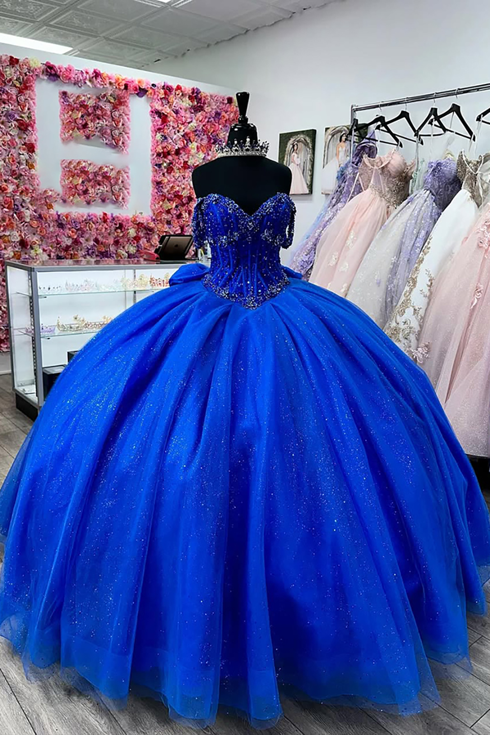 Glitter Royal Blue Off the Shoulder Princess Tulle Corset Quinceanera Dress with Beading