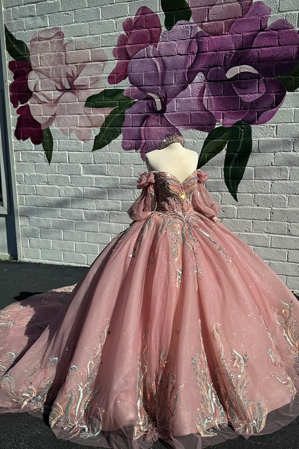 Sparkly Grey Pink Off the Shoulder Ball Gown Appliqued Quinceanera Dress With Train