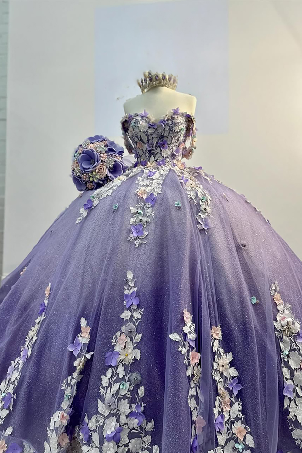 Sparkly Purple Off the Shoulder Princess Appliqued Quinceanera Dress
