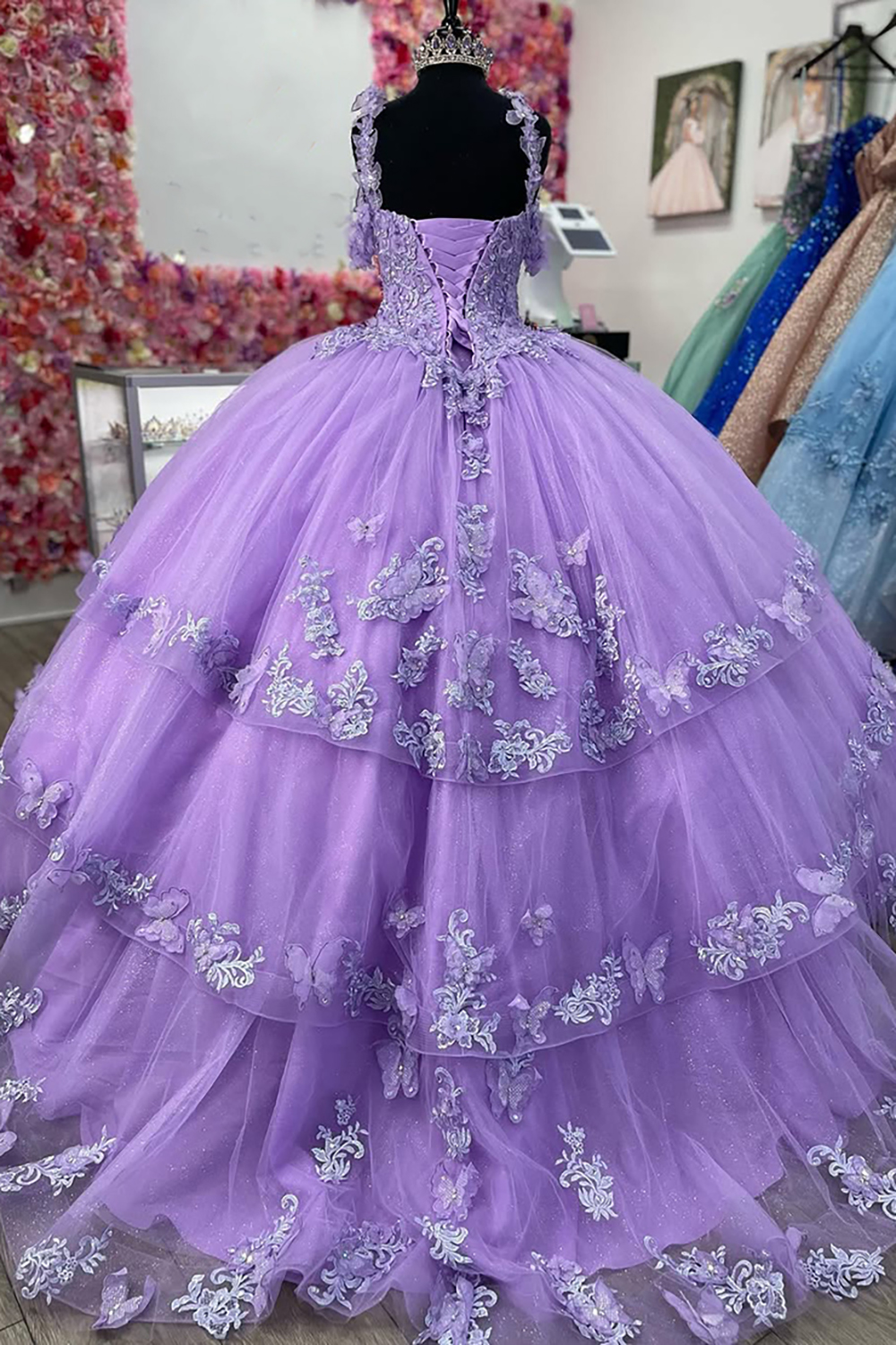 Sparkly Purple Spaghetti Straps Ball Gown Appliqued Quinceanera Dress