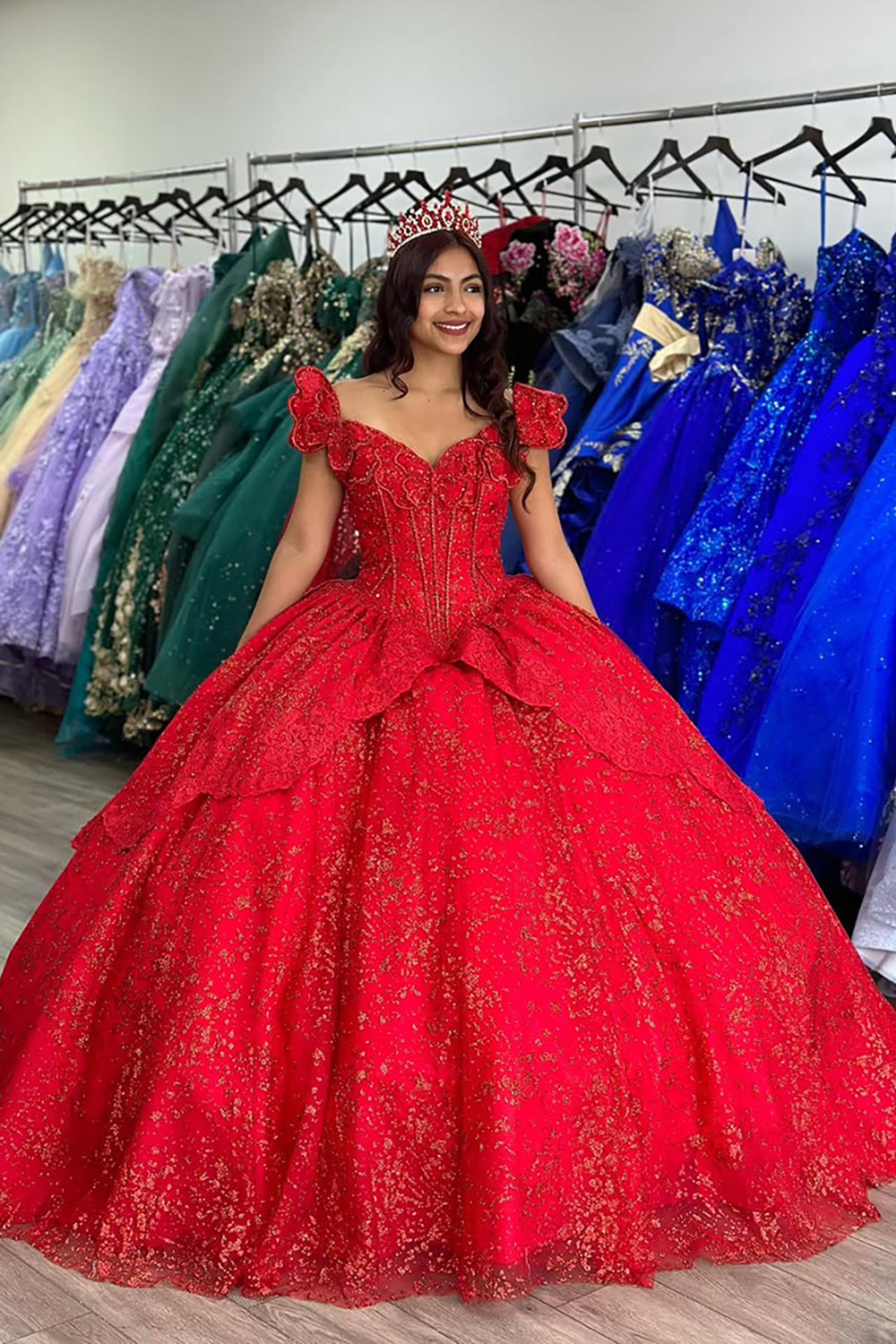 Sparkly Red Off the Shoulder Ball Gown Appliqued Quinceanera Dress