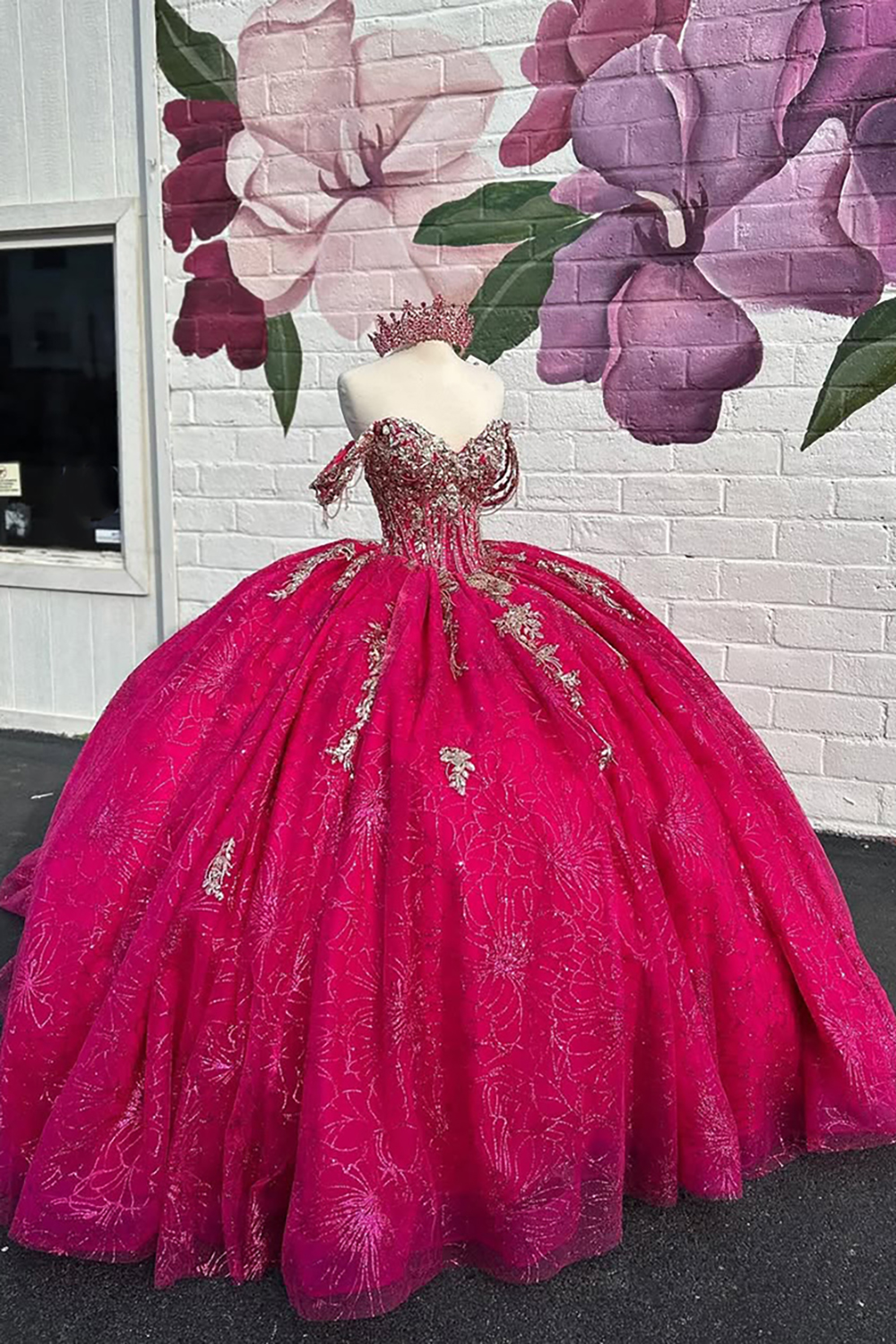 Fuchsia Off the Shoulder Princess Appliqued Quinceanera Dress with Train