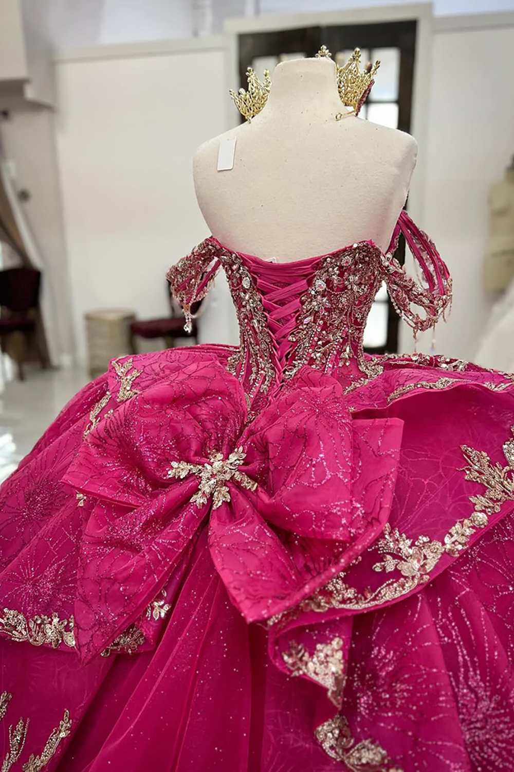 Fuchsia Off the Shoulder Princess Appliqued Quinceanera Dress with Train