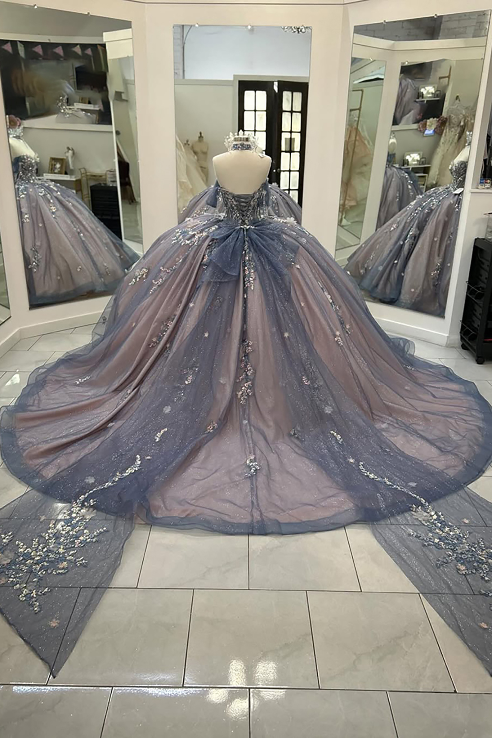 Sparkly Grey Blue+Purple Off the Shoulder Ball Gown Appliqued Quinceanera Dress with Train