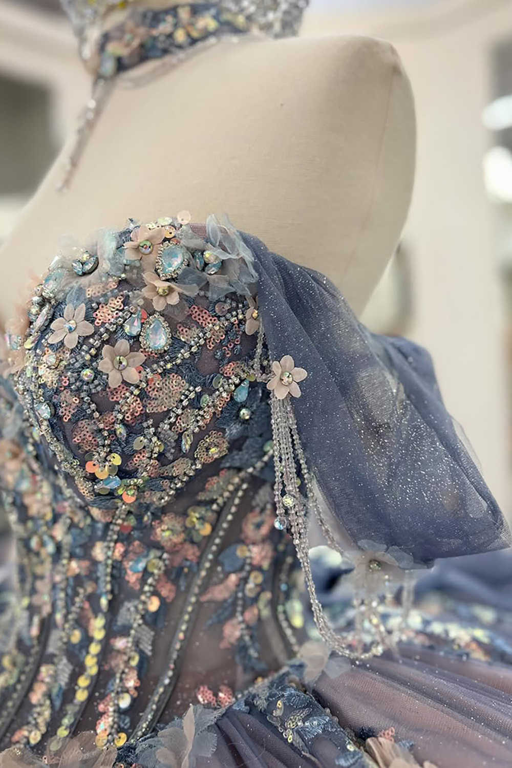 Sparkly Grey Blue+Purple Off the Shoulder Ball Gown Appliqued Quinceanera Dress with Train