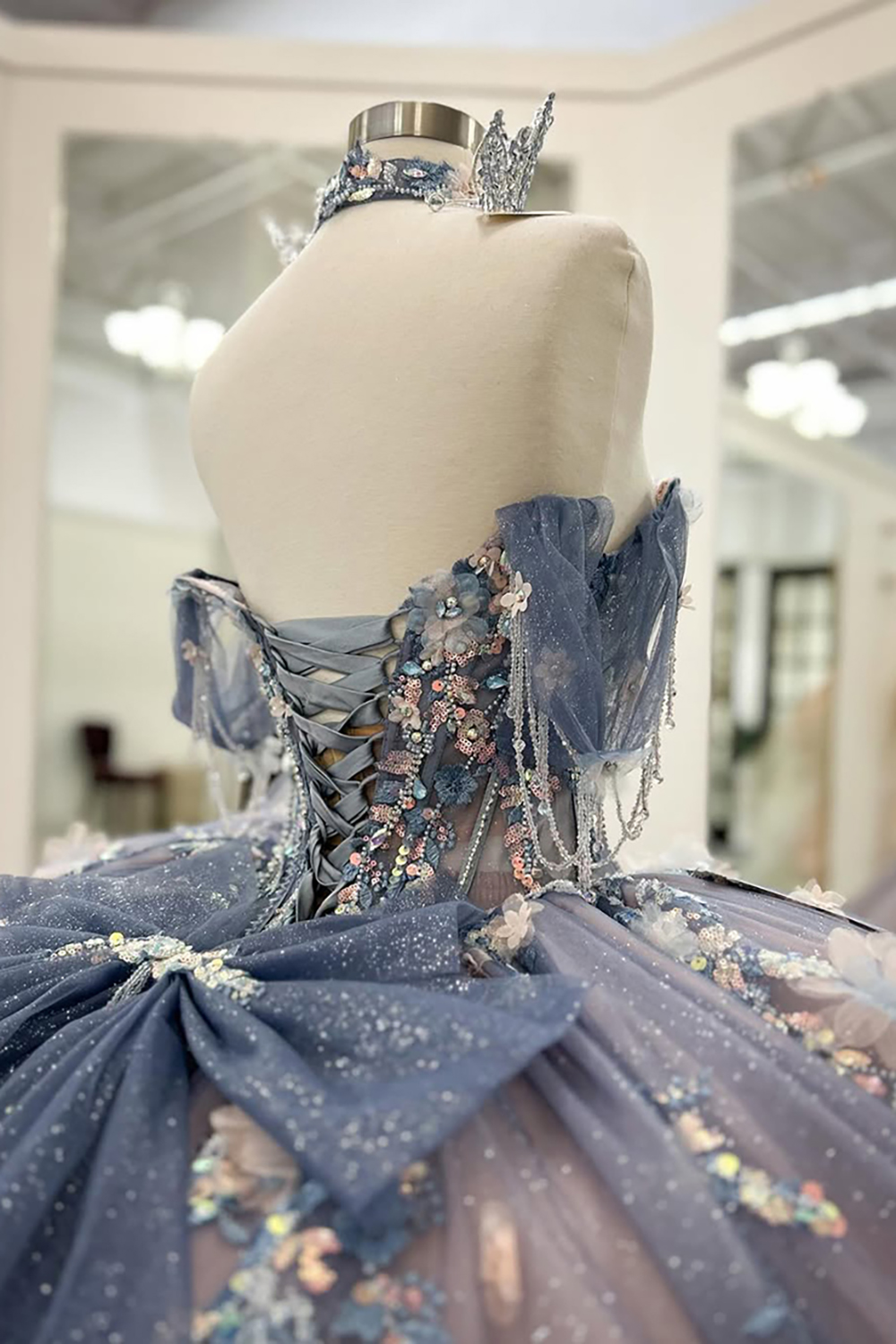 Sparkly Grey Blue+Purple Off the Shoulder Ball Gown Appliqued Quinceanera Dress with Train