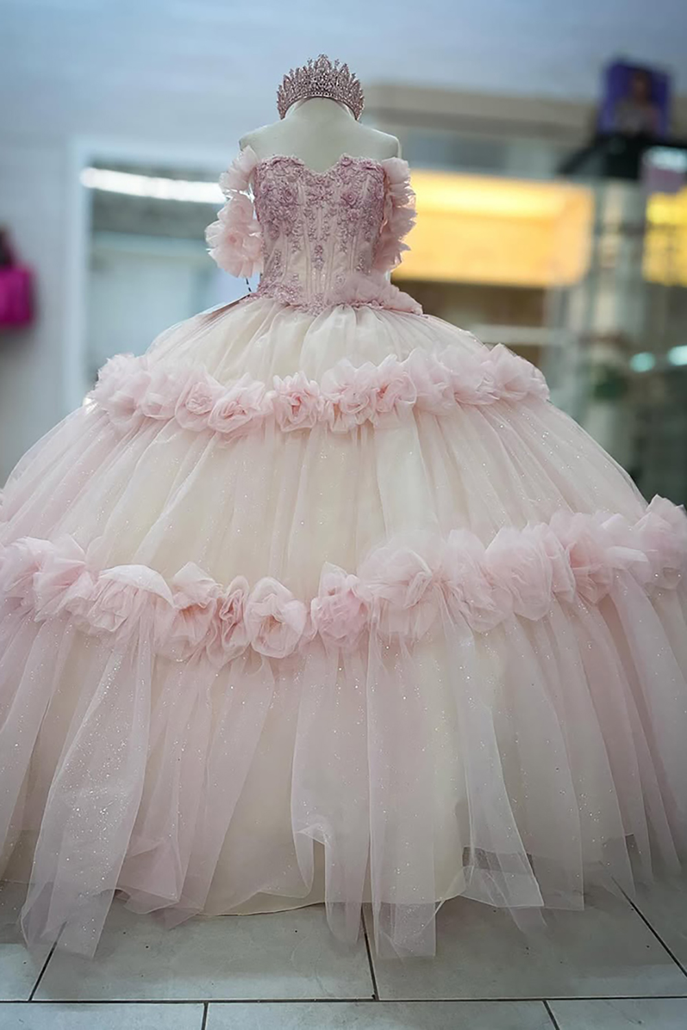 Pink Floral Off the Shoulder Ball Gown Quinceanera Dress with Appliques