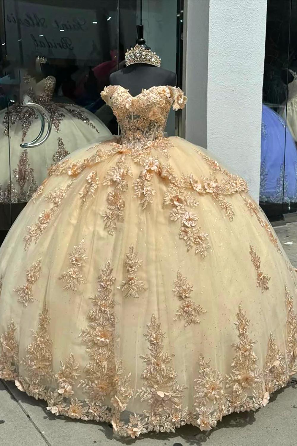 Champagne Off the Shoulder Ball Gown Applique Quinceanera Dress with Train