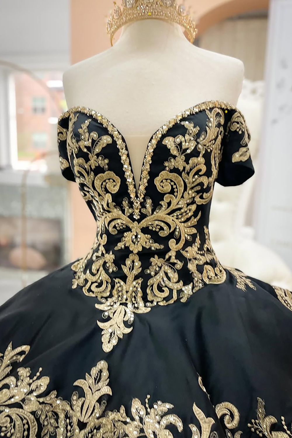 Sparkly Black Off the Shoulder Princess Quinceanera Dress with Gold Appliques