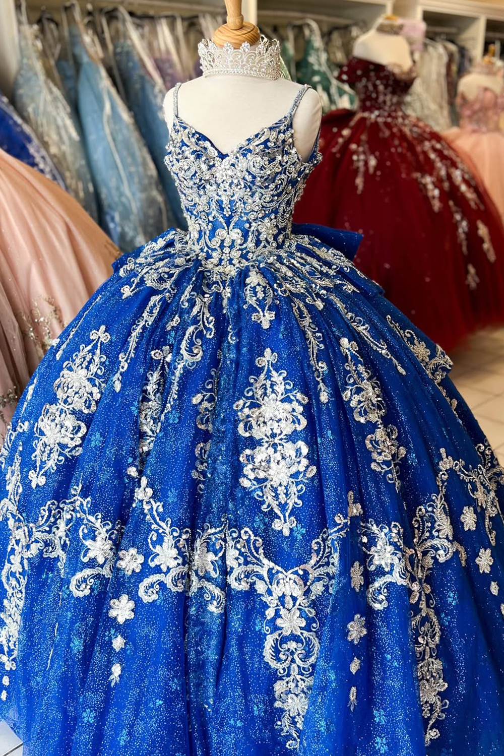 Sparkly Royal Blue Spaghetti Straps Applique Ball Gown Quinceanera Dress with Bow