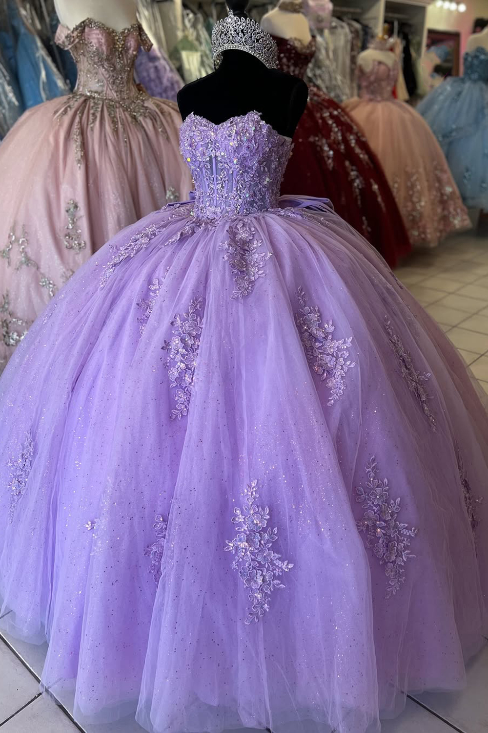 Sparkly Lilac Off the Shoulder Applique Ball Gown Quinceanera Dress with Bow