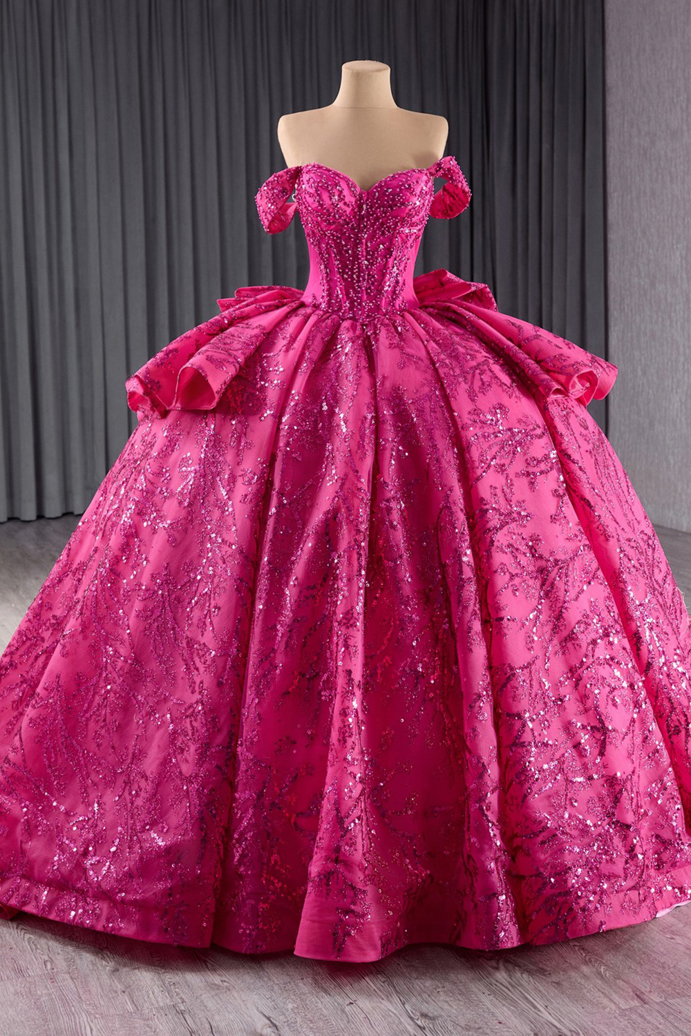 Sparkly Fuschia Off the Shoulder Bow Sequins Princess Quinceanera Dress with Train