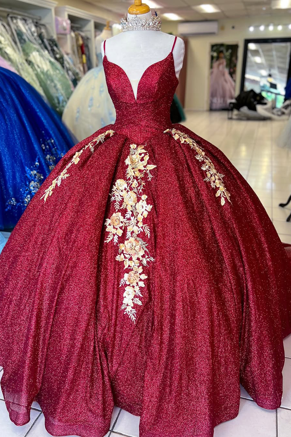 Sparkly Burgundy Spaghetti Straps Embroidery Princess Quinceanera Dress