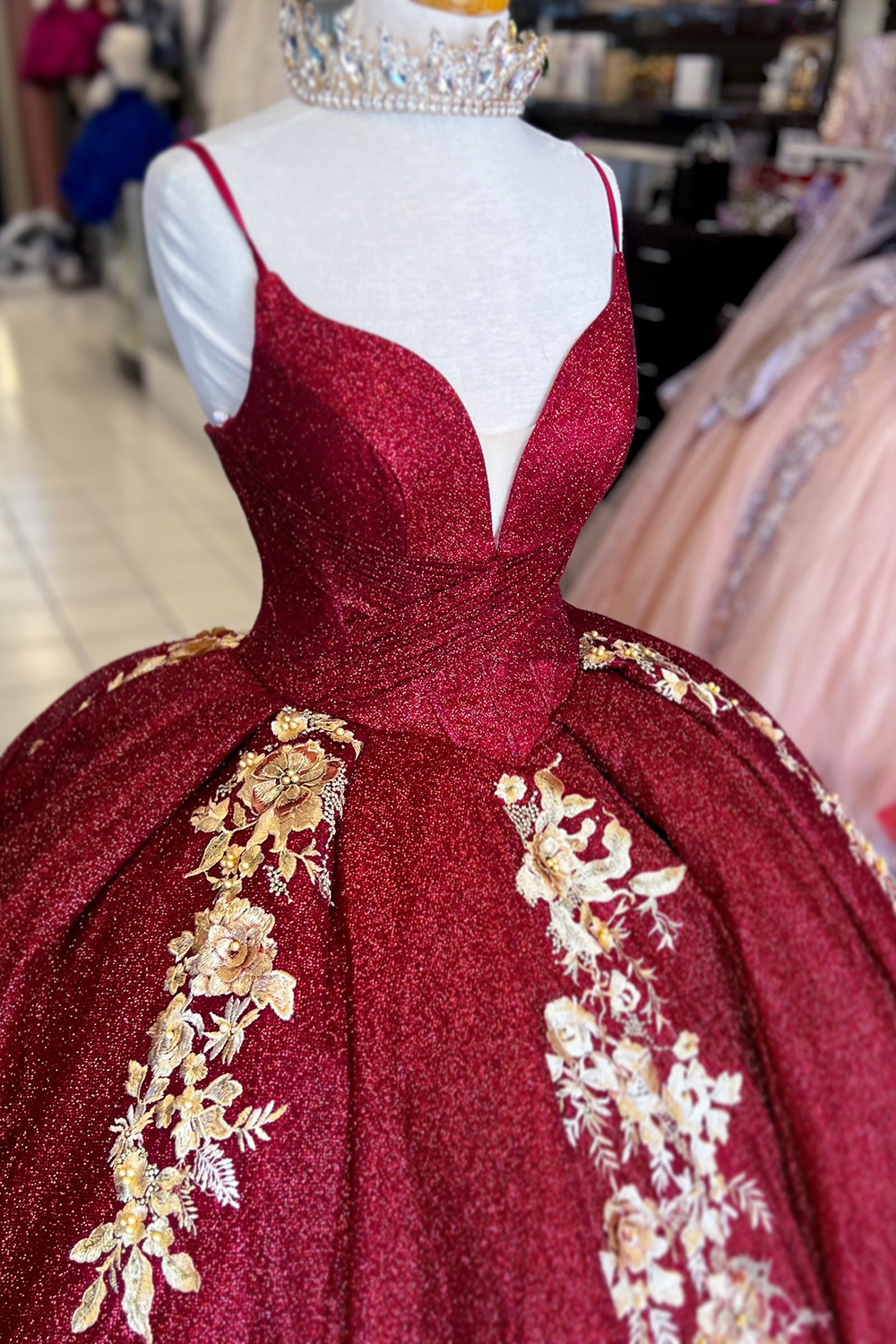 Sparkly Burgundy Spaghetti Straps Embroidery Princess Quinceanera Dress