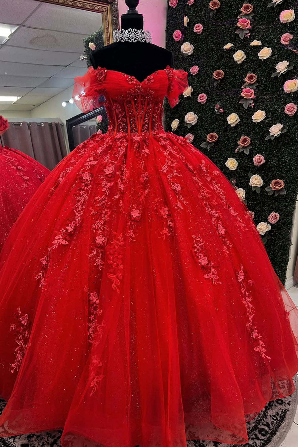Sparkly Red Off the Shoulder Applique  Ball Gown Tulle Quinceanera Dress