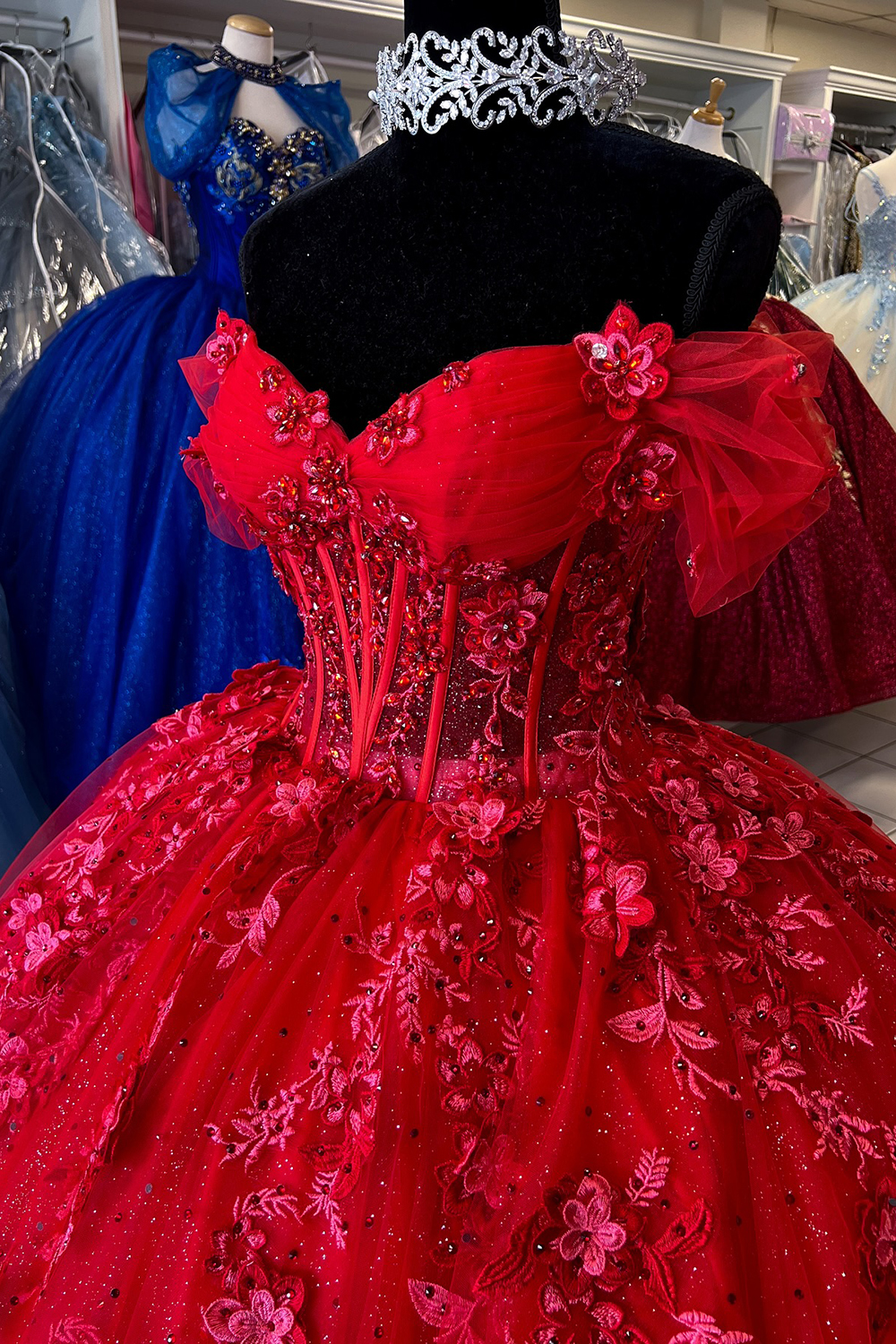Sparkly Red Off the Shoulder Applique  Ball Gown Tulle Quinceanera Dress