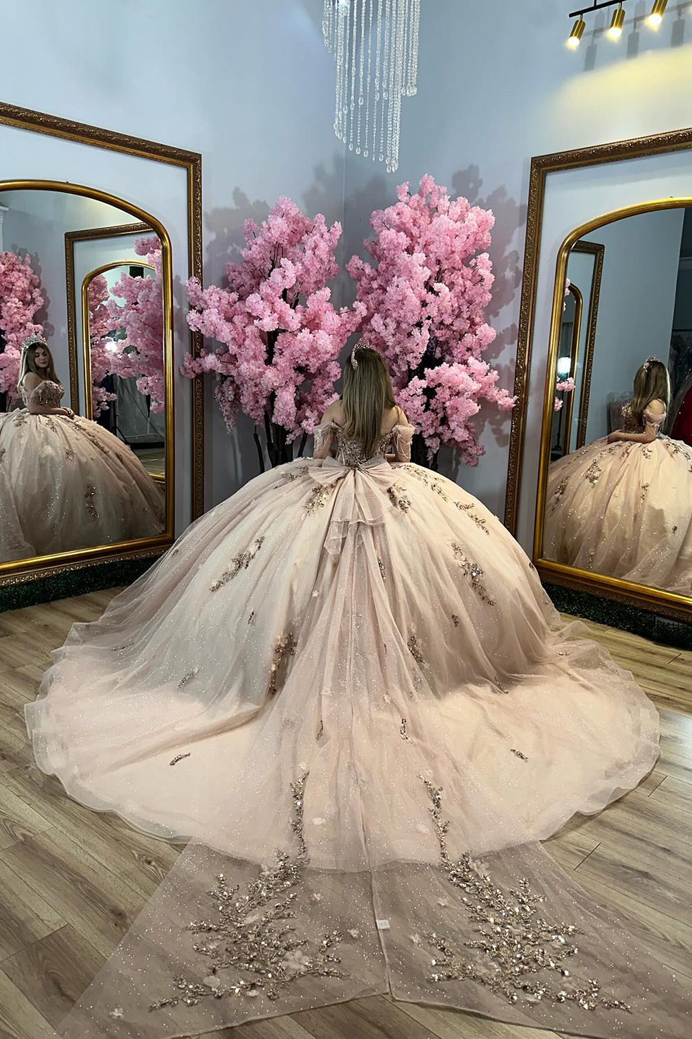 Sparkly Shallow Champagne Off the Shoulder Applique Sequins Ball Gown Tulle Quinceanera Dress with Train