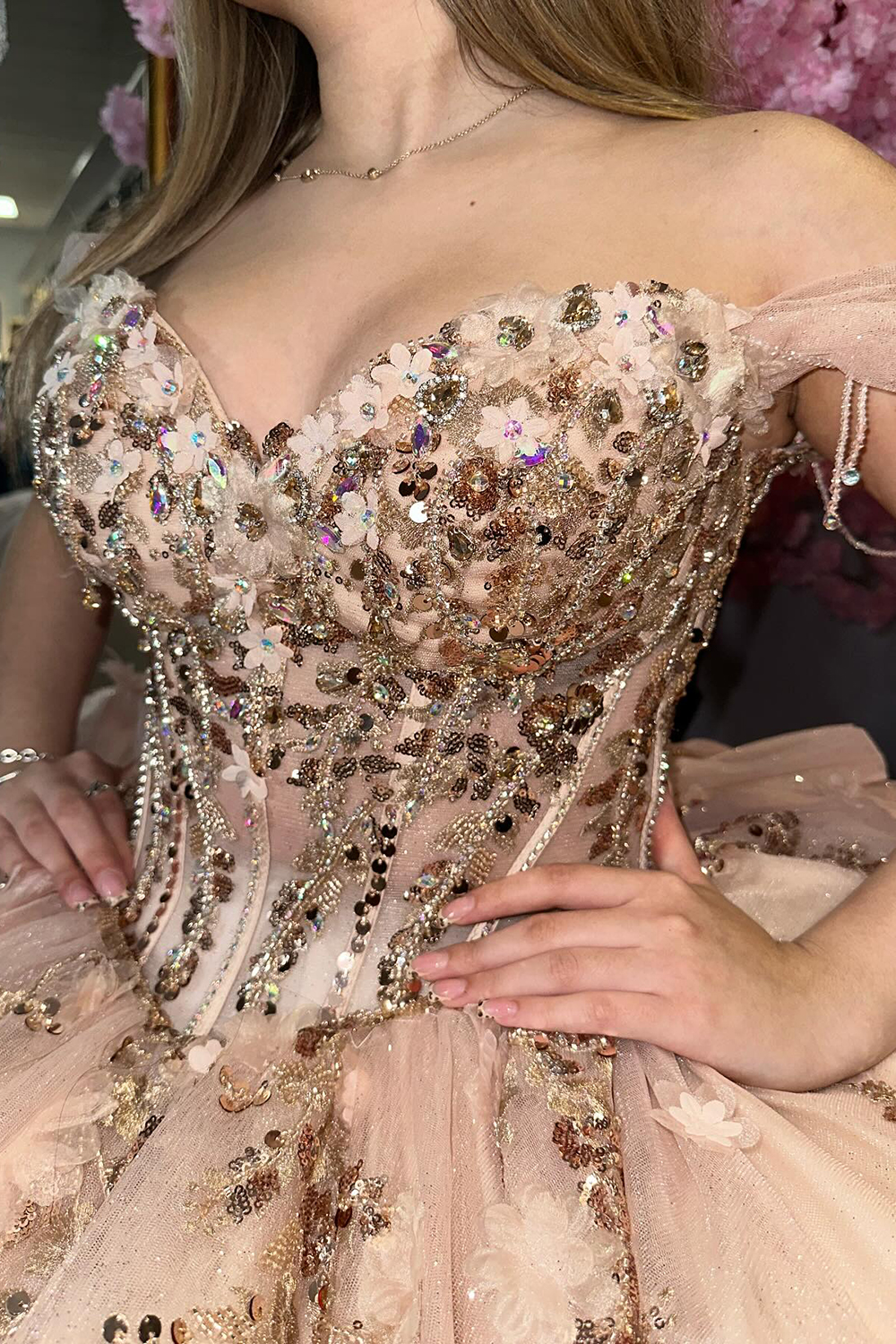 Sparkly Shallow Champagne Off the Shoulder Applique Sequins Ball Gown Tulle Quinceanera Dress with Train