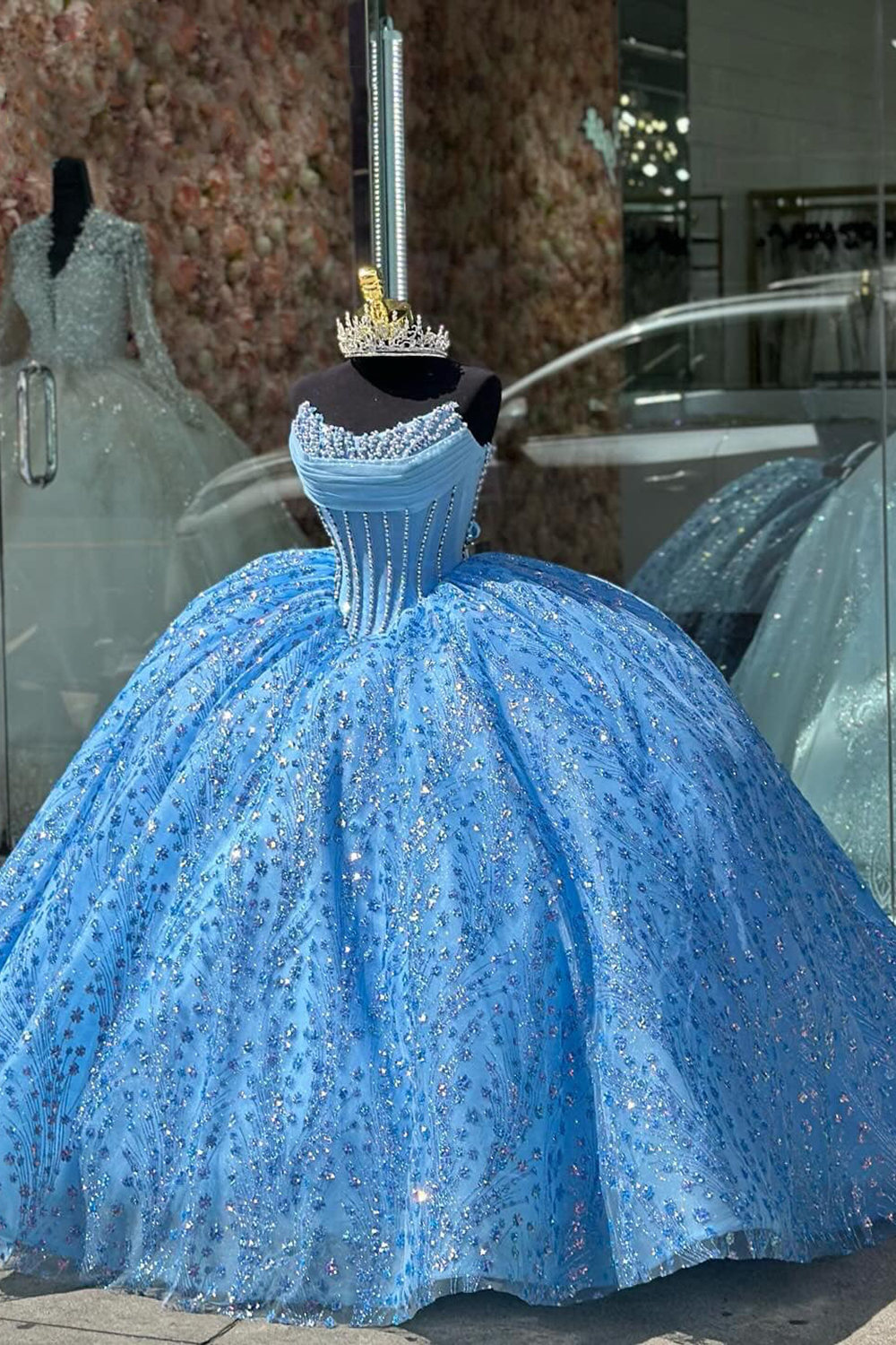 Sparkly Blue Sweetheart Sequins Ball Gown Quinceanera Dress with Beading