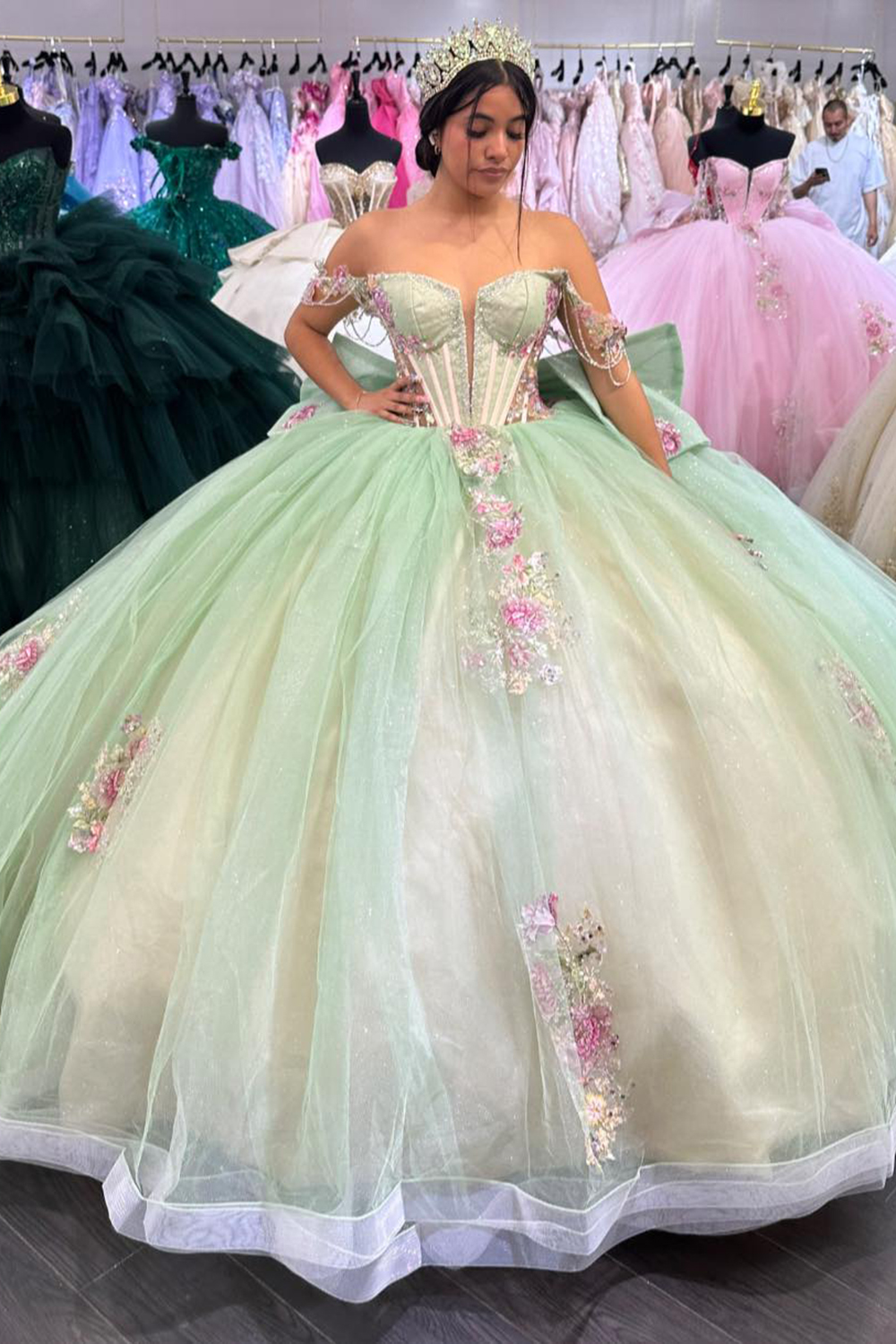 Light Green Off the Shoulder Applique Princess Tulle Quinceanera Dress with Bow