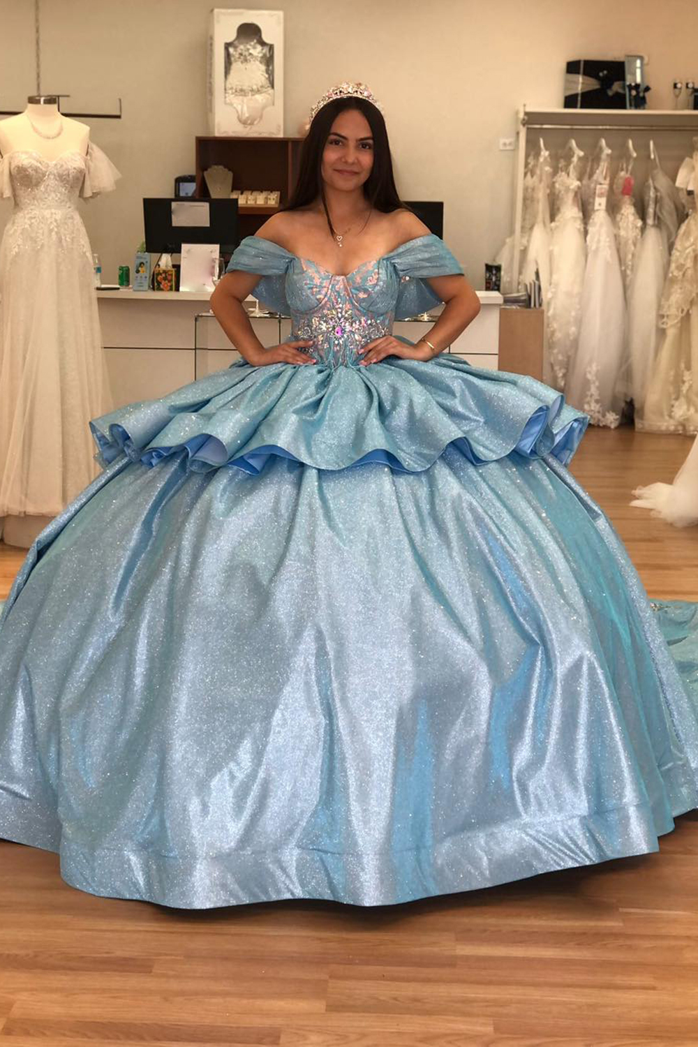 Glitter Grey Blue Off the Shoulder Applique Bow Princess Quinceanera Dress with Train