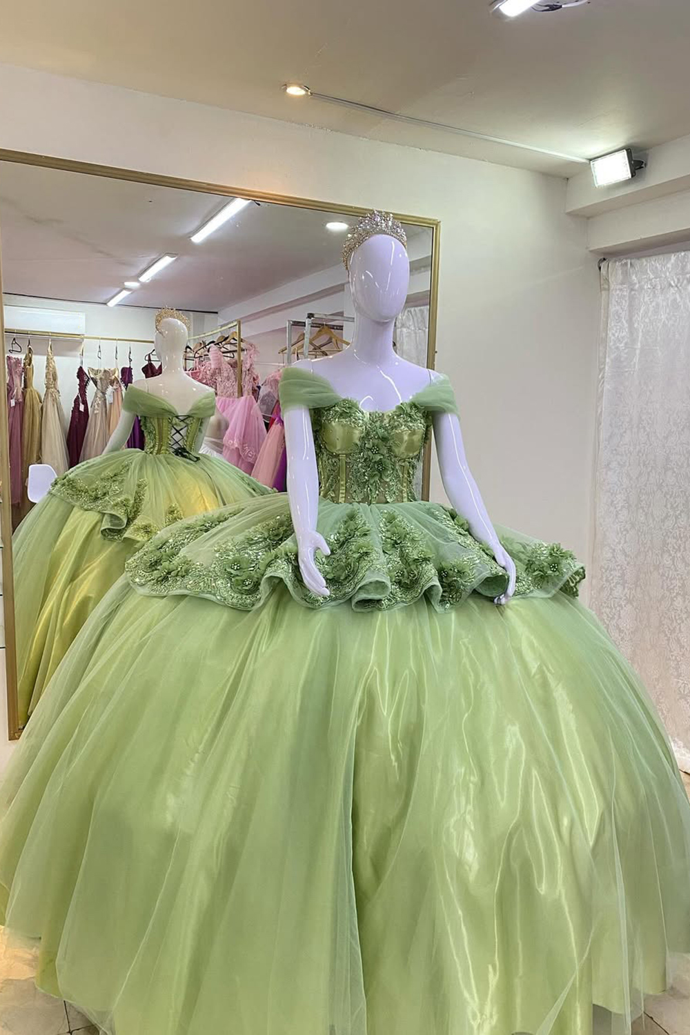 Sage Floral Off the Shoulder Applique Beaded Princess Tulle Quinceanera Dress