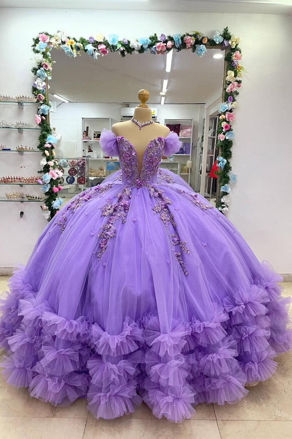Purple Off the Shoulder Applique Beaded Princess Tulle Quinceanera Dress with Bow