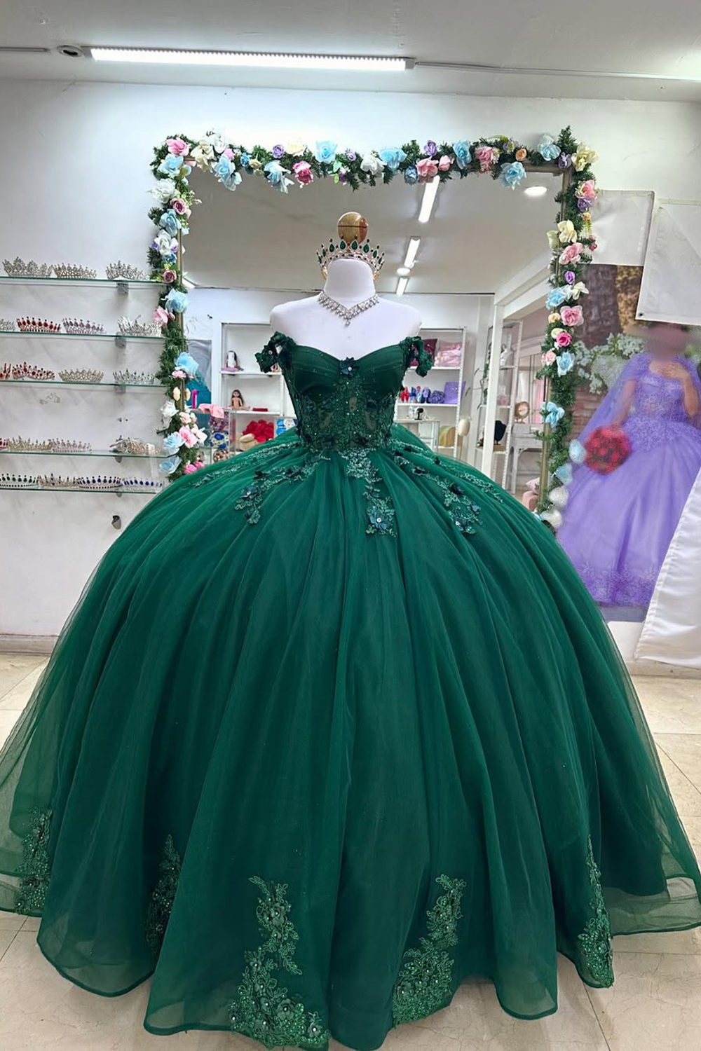 Dark Green Off the Shoulder Applique Beaded Princess Tulle Quinceanera Dress with Train