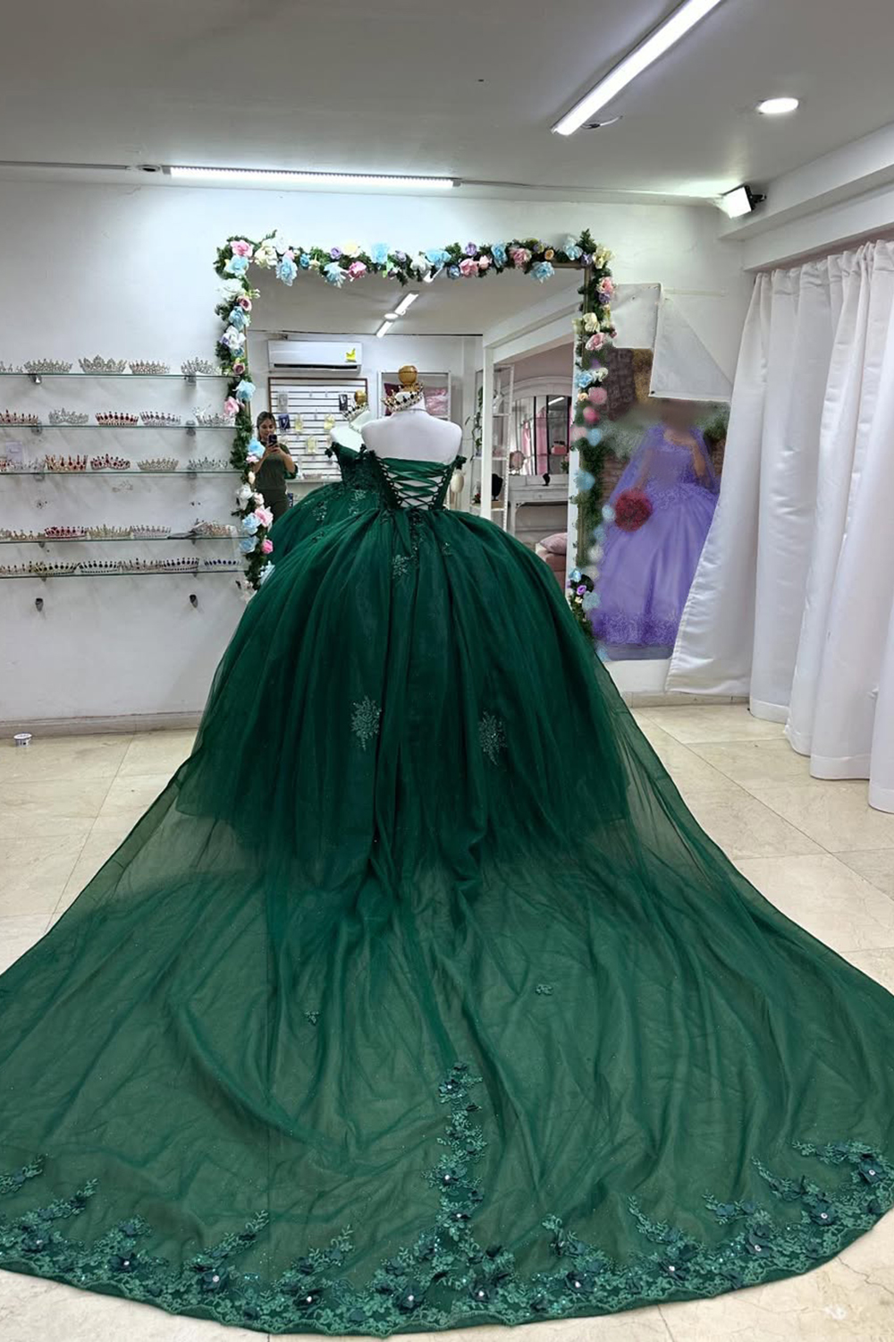 Dark Green Off the Shoulder Applique Beaded Princess Tulle Quinceanera Dress with Train