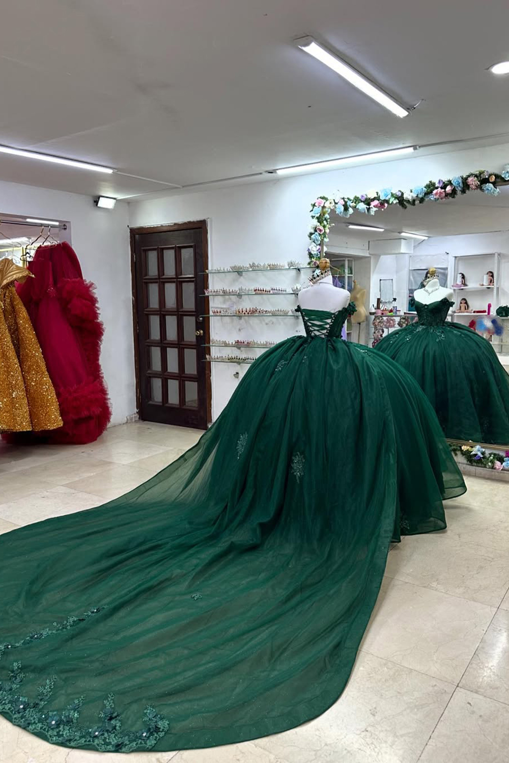 Dark Green Off the Shoulder Applique Beaded Princess Tulle Quinceanera Dress with Train