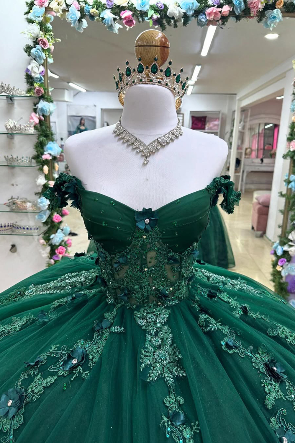 Dark Green Off the Shoulder Applique Beaded Princess Tulle Quinceanera Dress with Train