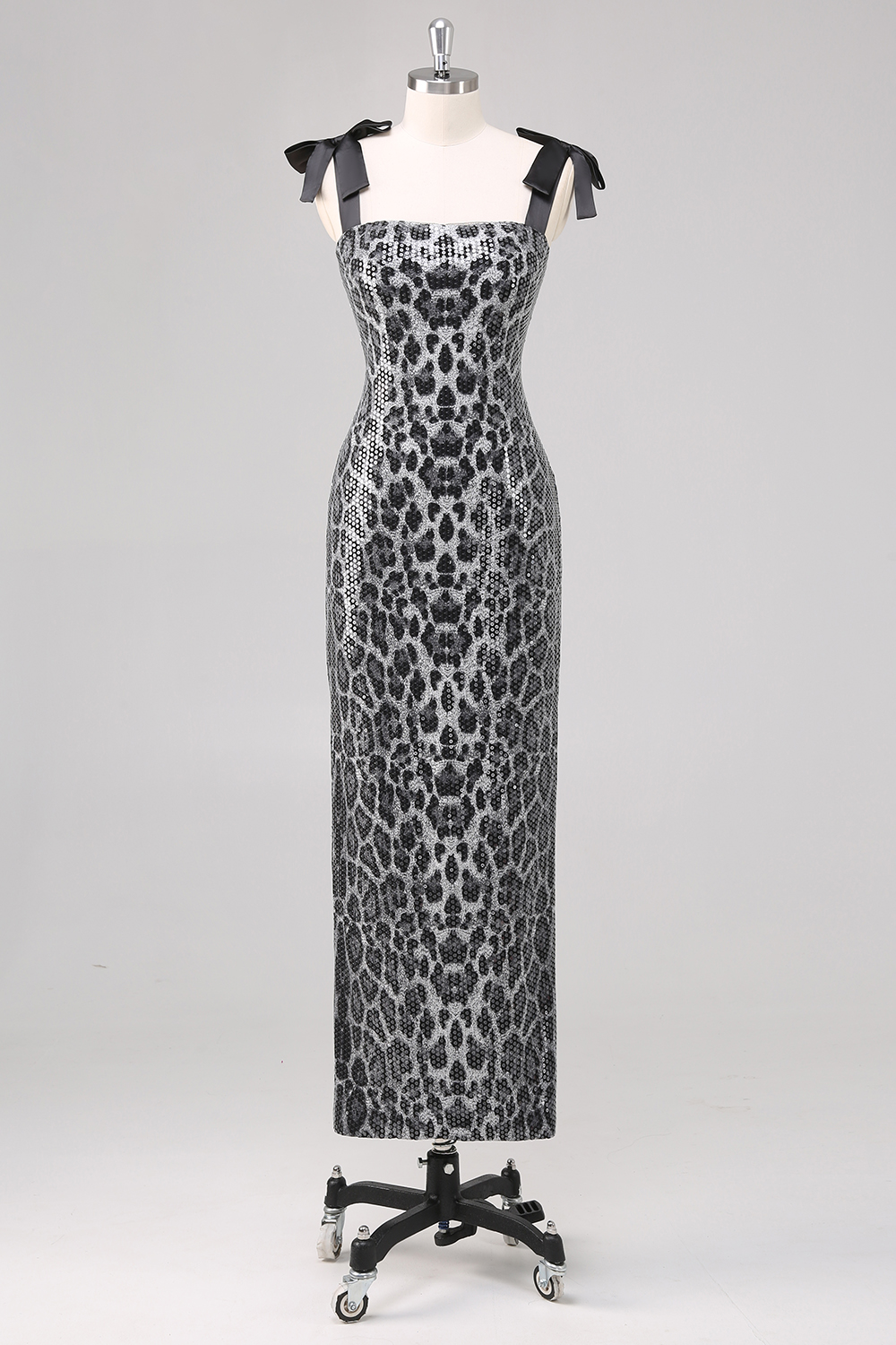 Grey Lepard Sequin Spaghetti Straps Sheath Long Prom Dress with Slit