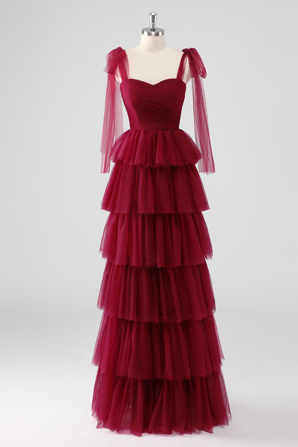 Burgundy Spaghetti Straps A-Line Tulle Tiered Long Prom Dress
