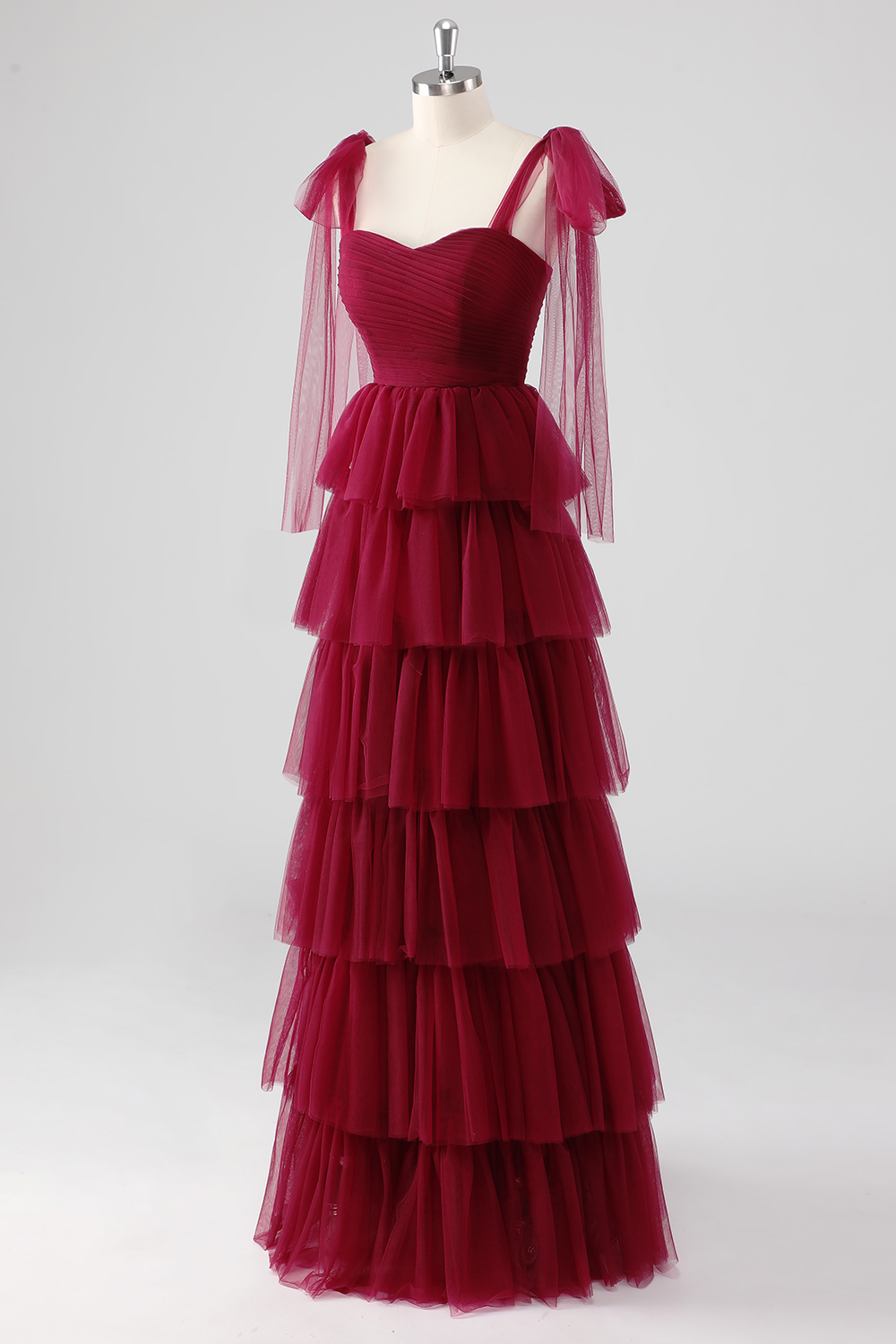 Burgundy Spaghetti Straps A-Line Tulle Tiered Long Prom Dress