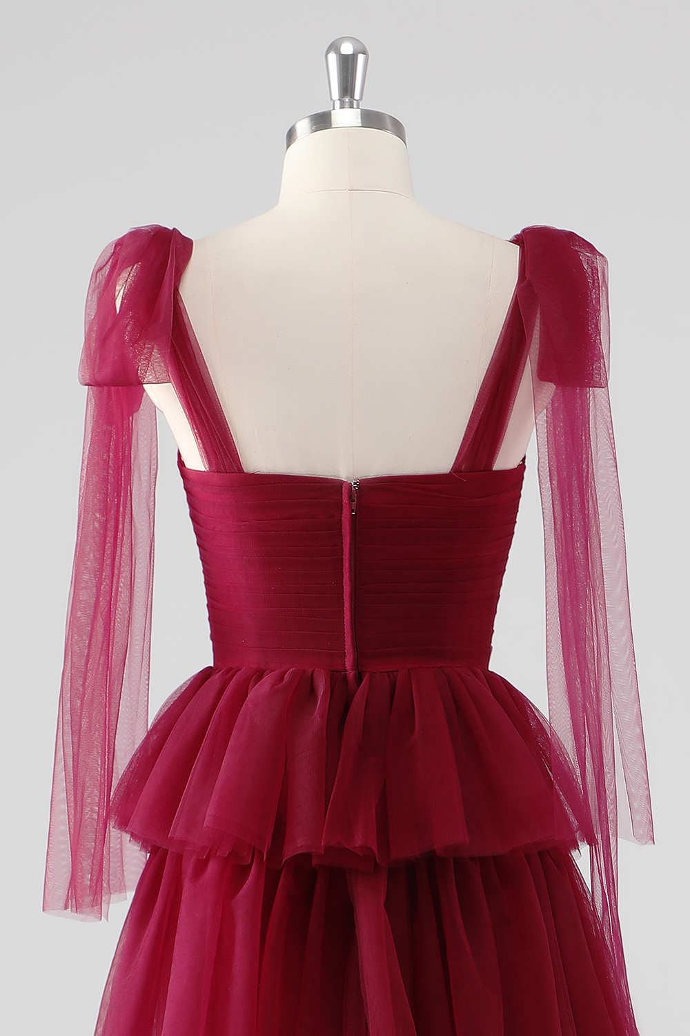 Burgundy Spaghetti Straps A-Line Tulle Tiered Long Prom Dress