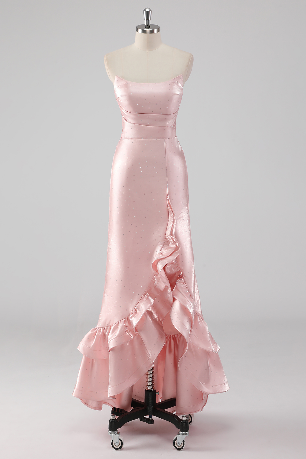Pink Strapless Satin Long Prom Dress with Ruffled Slit