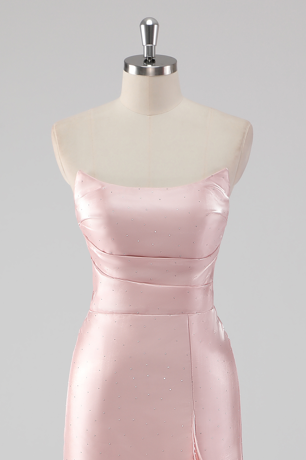 Pink Strapless Satin Long Prom Dress with Ruffled Slit