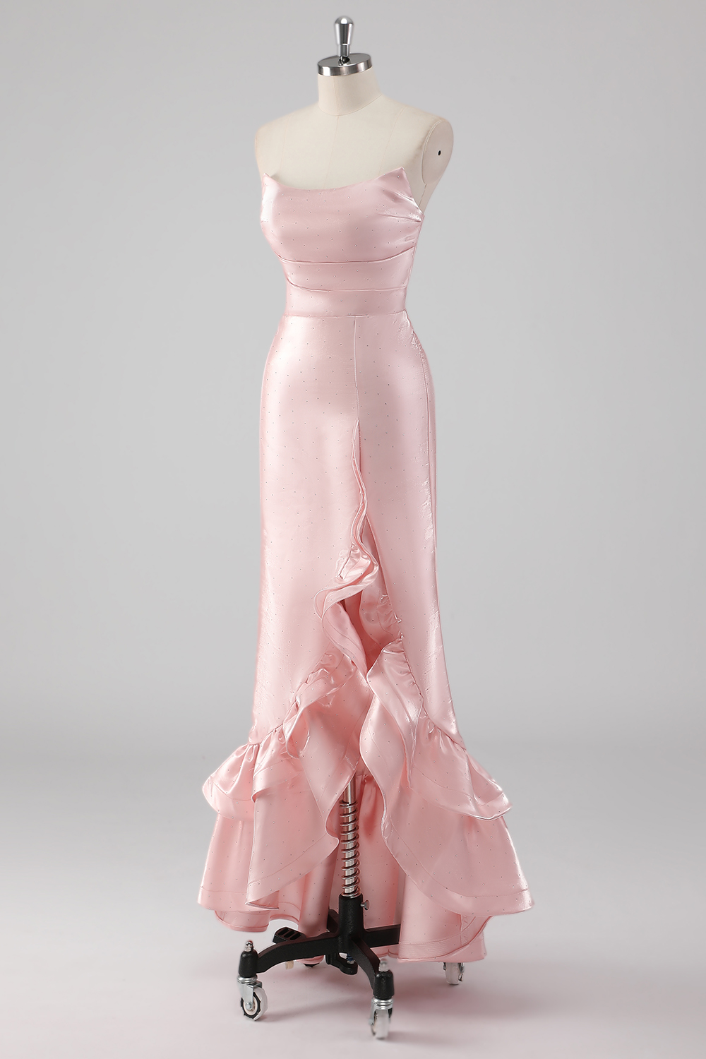Pink Strapless Satin Long Prom Dress with Ruffled Slit