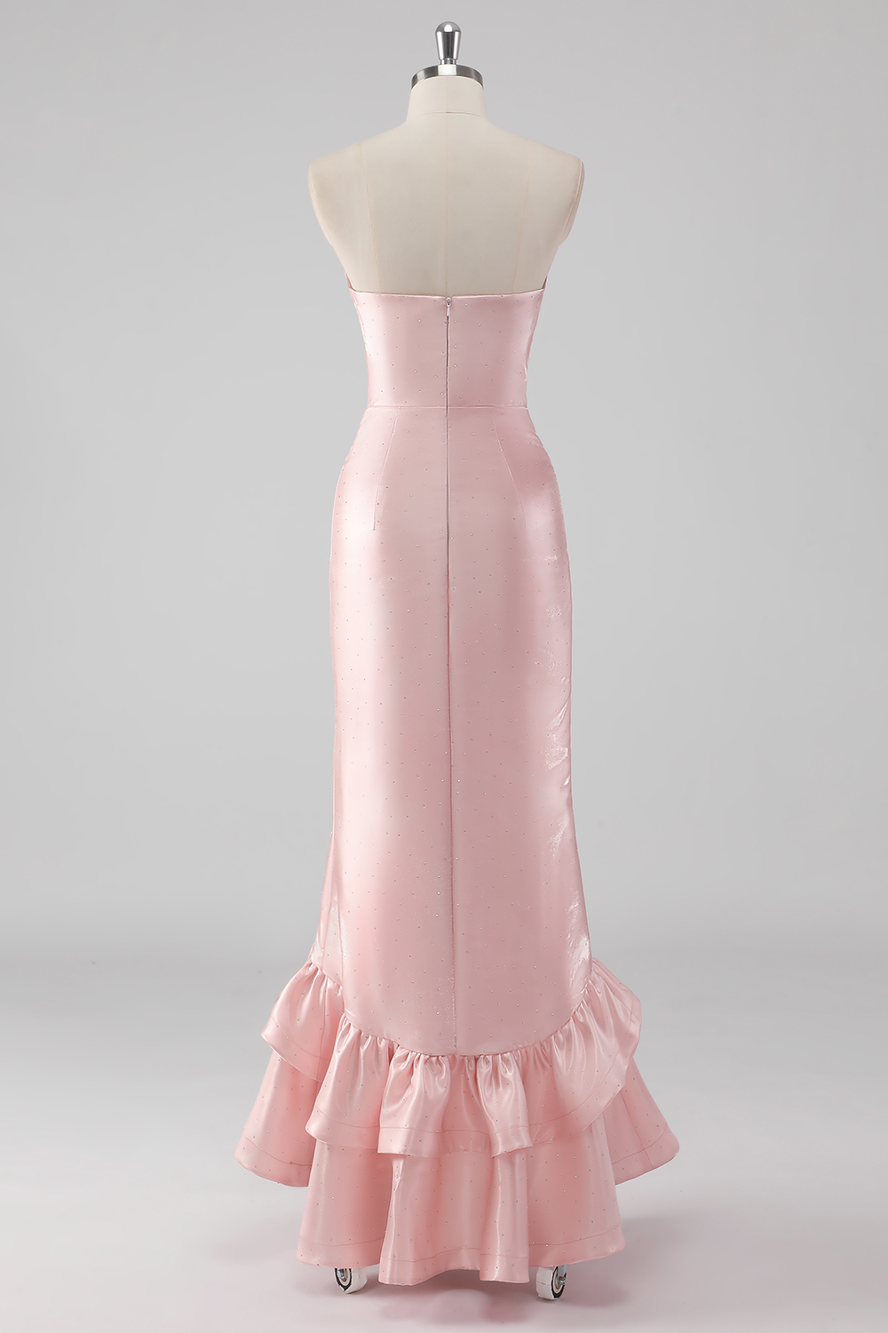 Pink Strapless Satin Long Prom Dress with Ruffled Slit