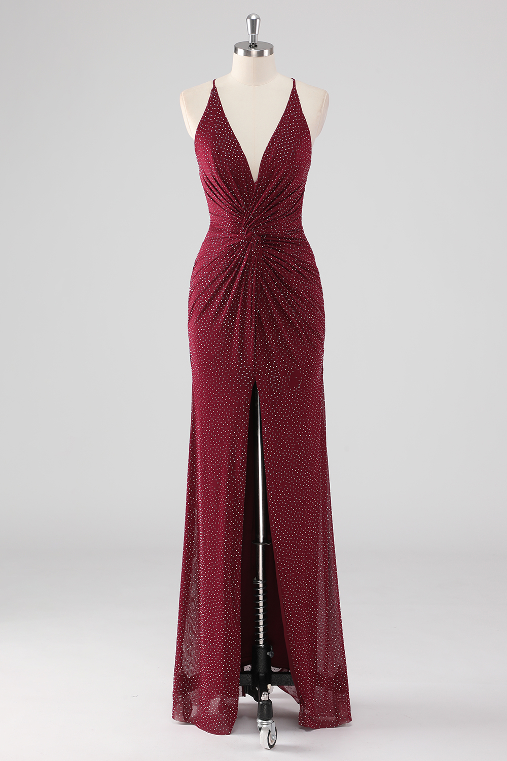 Burgundy Open Back V-Neck Sheath Long Sleeves Prom Dress with Slit