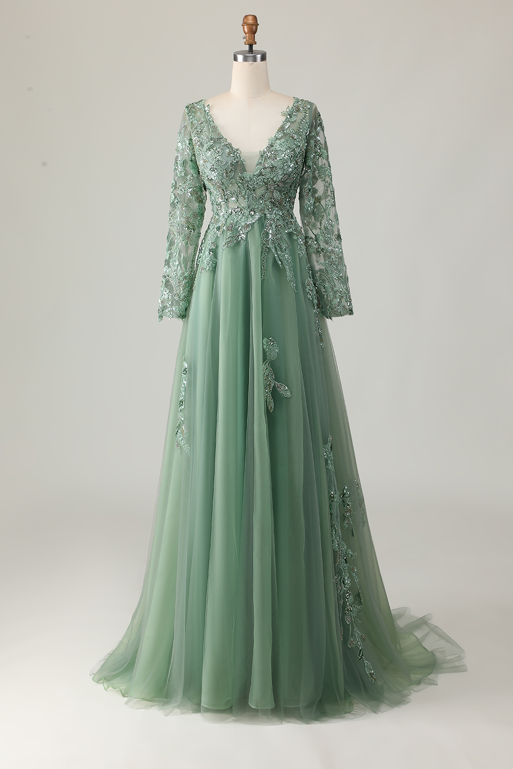 Sparkly Sage Floral V-Neck A Line Formal Dress with Long Sleeves