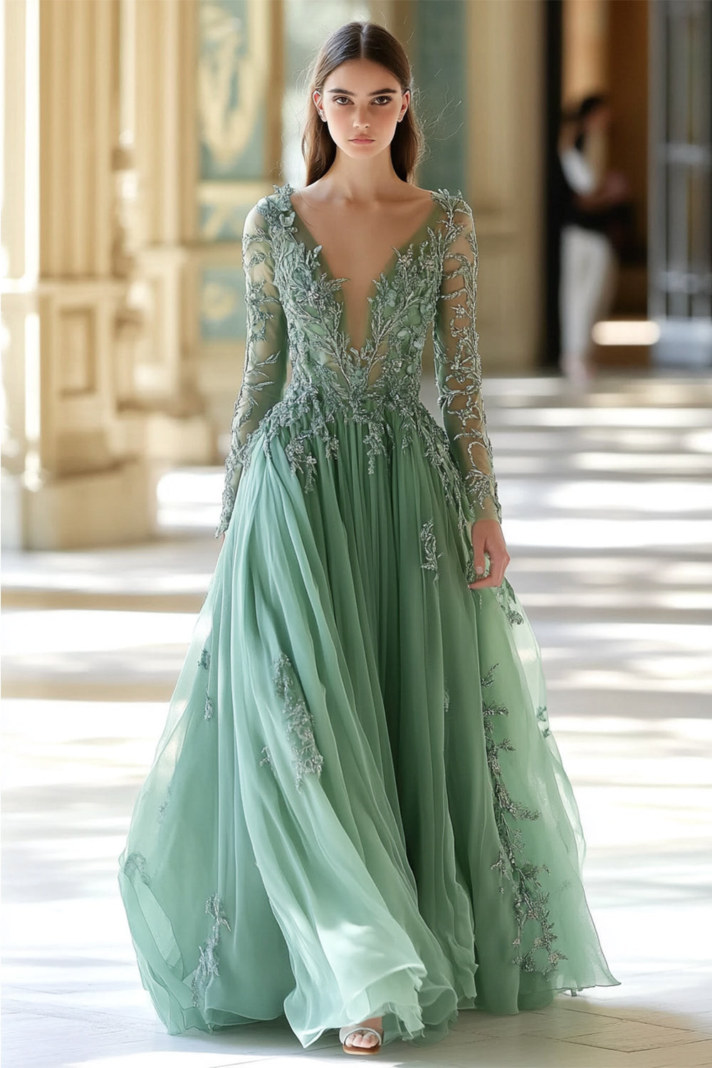 Sparkly Sage Floral V-Neck A Line Formal Dress with Long Sleeves